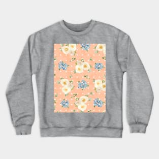 White Roses Blue Forget Me Nots Polka Dots on Peach Fuzz Abstract Floral Crewneck Sweatshirt